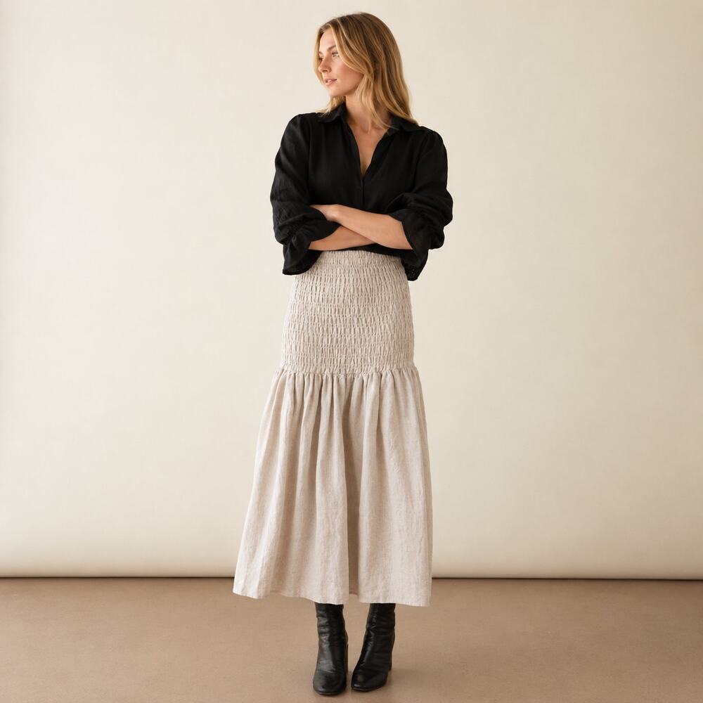 Marle Natural Linen Skirt Womens 10 Gray/Cream Flowy Smocked A-line Midi Maxi